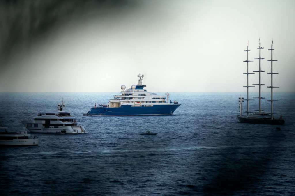 One of the largest yachts during MYS 2019, Octopus next to Maltese Falcon.